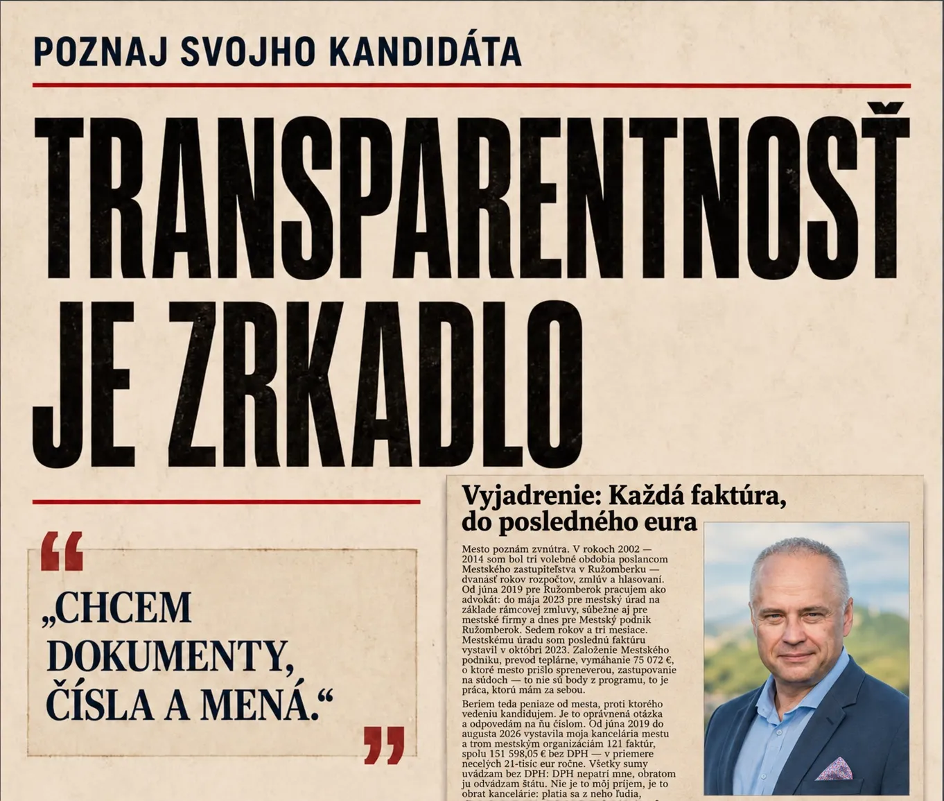 Grafika v štýle novinovej strany s titulkom „Transparentnosť je zrkadlo“, citátom „Chcem dokumenty, čísla a mená“ a vyjadrením Martina Alušica s jeho fotografiou.